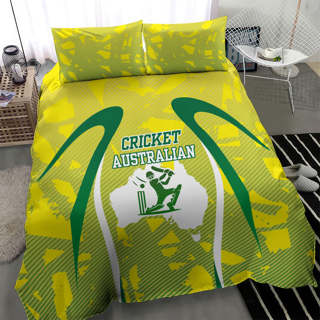 Cricket Australian Bedding Set Map Silhouette With Green And Gold Geometric Pattern