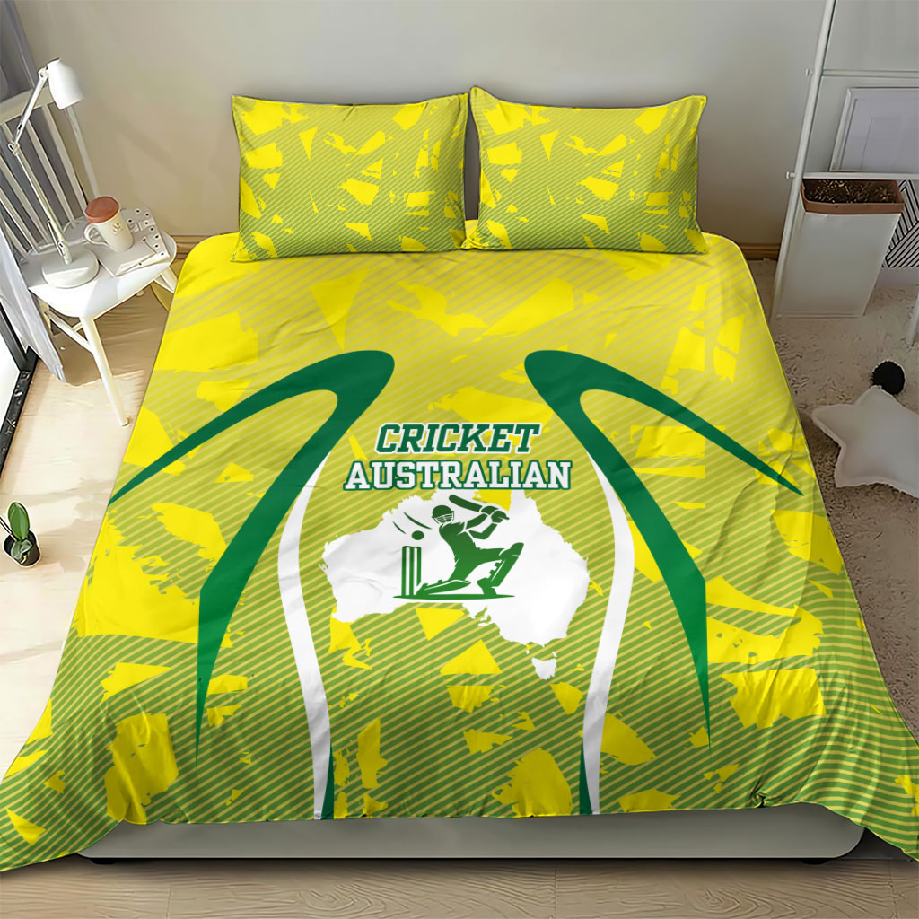 Cricket Australian Bedding Set Map Silhouette With Green And Gold Geometric Pattern