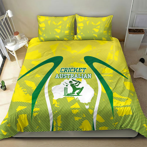 Cricket Australian Bedding Set Map Silhouette With Green And Gold Geometric Pattern