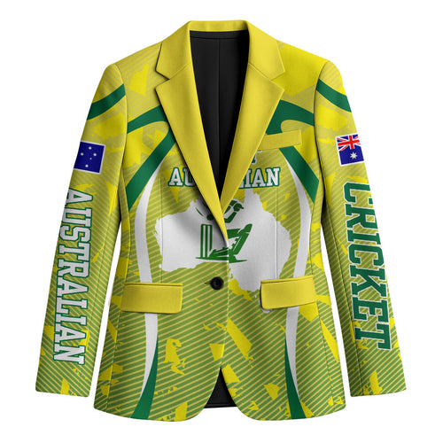 Cricket Australian Blazer Map Silhouette With Green And Gold Geometric Pattern