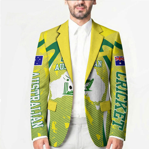 Cricket Australian Blazer Map Silhouette With Green And Gold Geometric Pattern