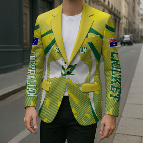 Cricket Australian Blazer Map Silhouette With Green And Gold Geometric Pattern