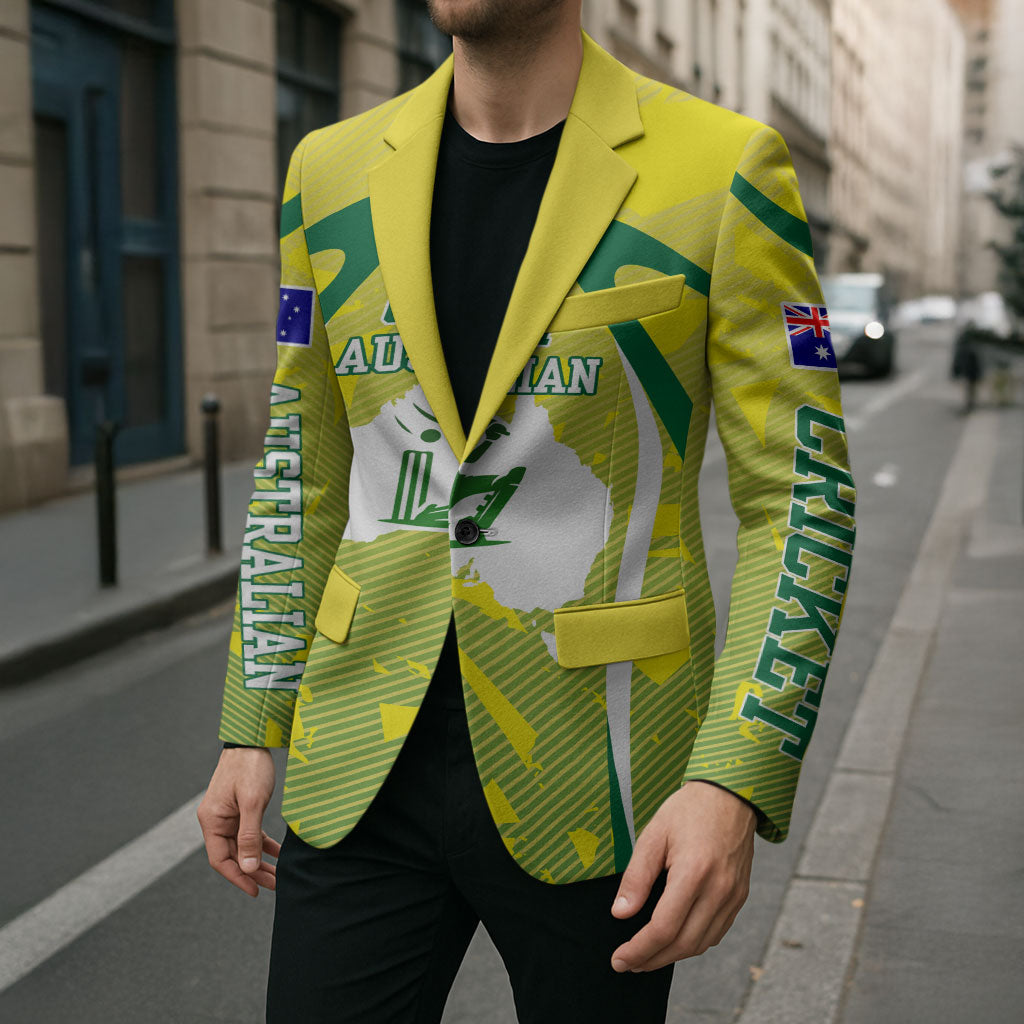Cricket Australian Blazer Map Silhouette With Green And Gold Geometric Pattern