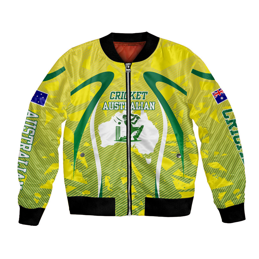 Cricket Australian Bomber Jacket Map Silhouette With Green And Gold Geometric Pattern