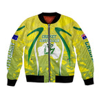 Cricket Australian Bomber Jacket Map Silhouette With Green And Gold Geometric Pattern