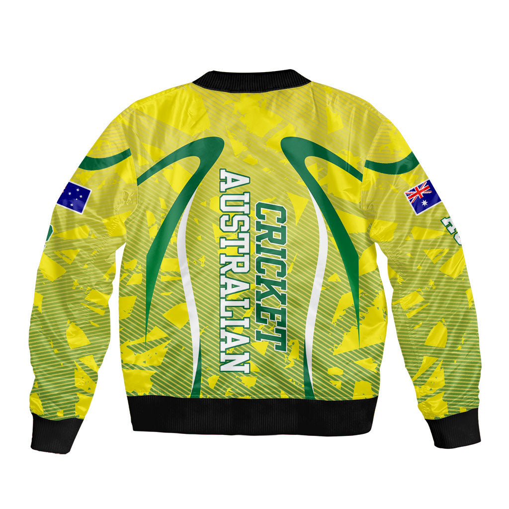 Cricket Australian Bomber Jacket Map Silhouette With Green And Gold Geometric Pattern