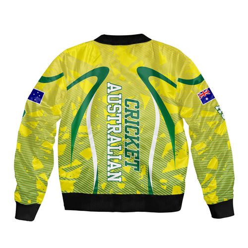 Cricket Australian Bomber Jacket Map Silhouette With Green And Gold Geometric Pattern