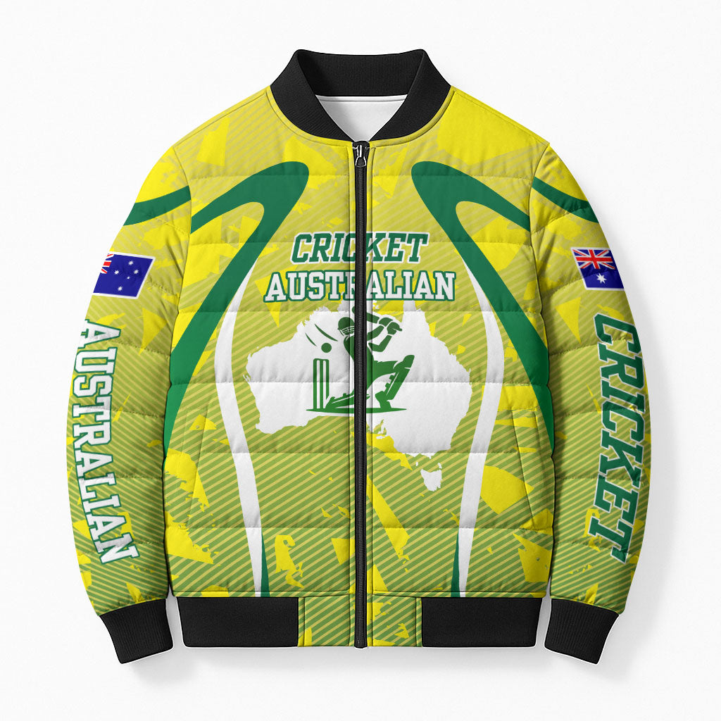 Cricket Australian Bomber Puffer Jacket Map Silhouette With Green And Gold Geometric Pattern