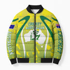 Cricket Australian Bomber Puffer Jacket Map Silhouette With Green And Gold Geometric Pattern