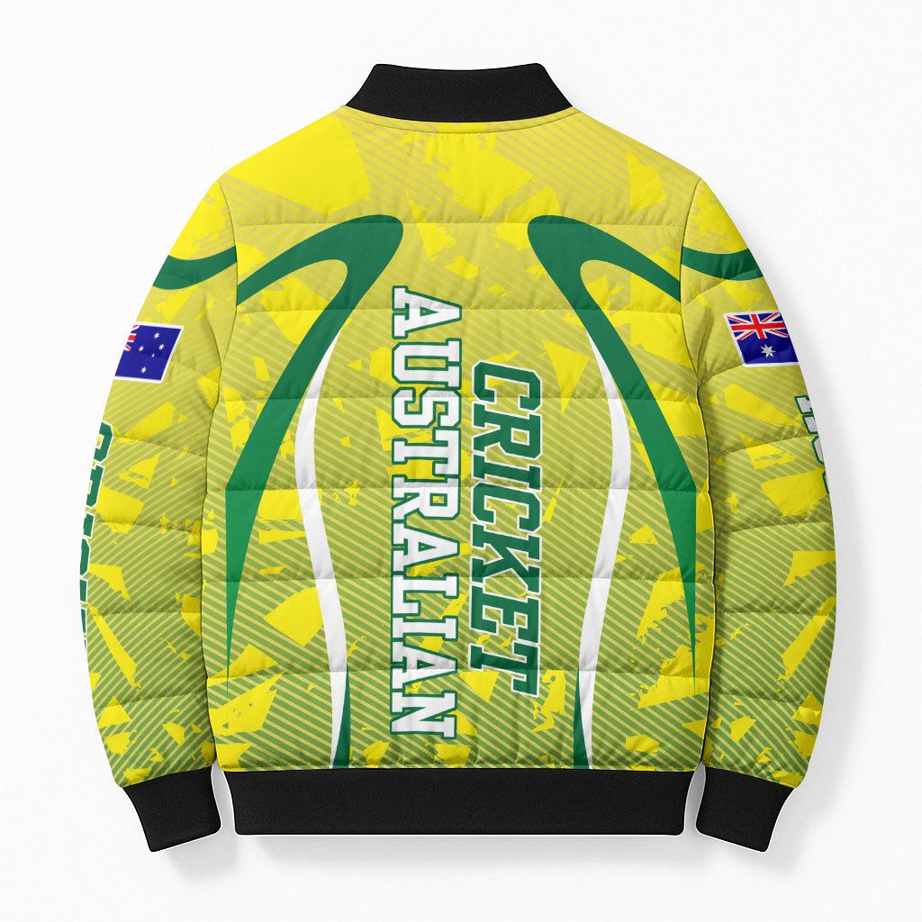 Cricket Australian Bomber Puffer Jacket Map Silhouette With Green And Gold Geometric Pattern