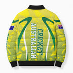 Cricket Australian Bomber Puffer Jacket Map Silhouette With Green And Gold Geometric Pattern