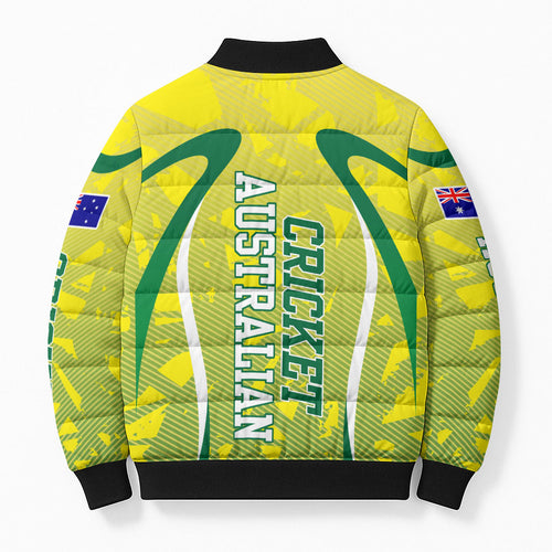 Cricket Australian Bomber Puffer Jacket Map Silhouette With Green And Gold Geometric Pattern