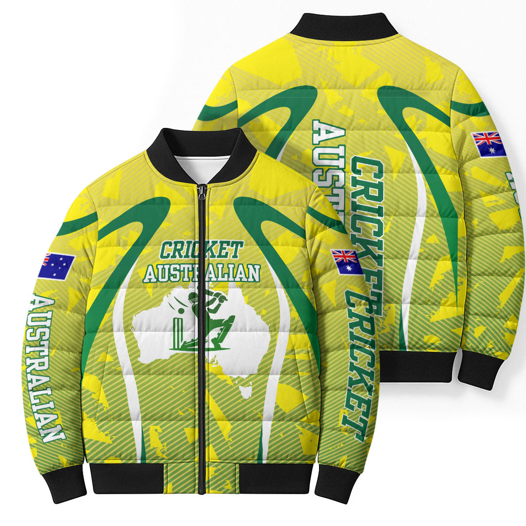 Cricket Australian Bomber Puffer Jacket Map Silhouette With Green And Gold Geometric Pattern