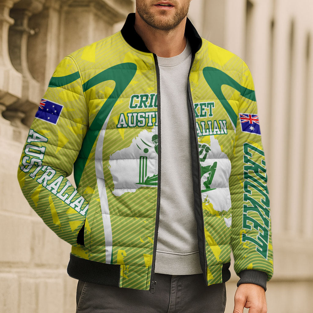 Cricket Australian Bomber Puffer Jacket Map Silhouette With Green And Gold Geometric Pattern