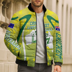Cricket Australian Bomber Puffer Jacket Map Silhouette With Green And Gold Geometric Pattern