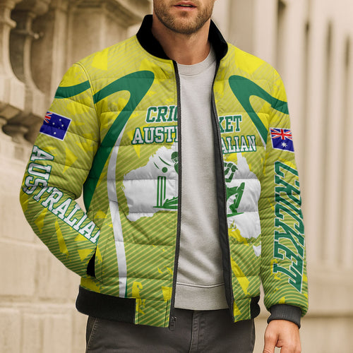 Cricket Australian Bomber Puffer Jacket Map Silhouette With Green And Gold Geometric Pattern