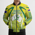 Cricket Australian Bomber Puffer Jacket Map Silhouette With Green And Gold Geometric Pattern