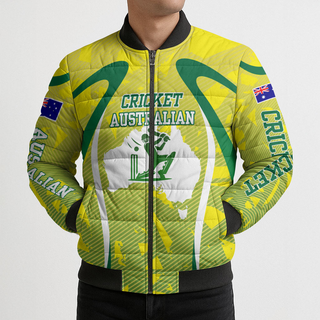 Cricket Australian Bomber Puffer Jacket Map Silhouette With Green And Gold Geometric Pattern