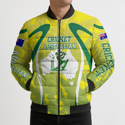 Cricket Australian Bomber Puffer Jacket Map Silhouette With Green And Gold Geometric Pattern