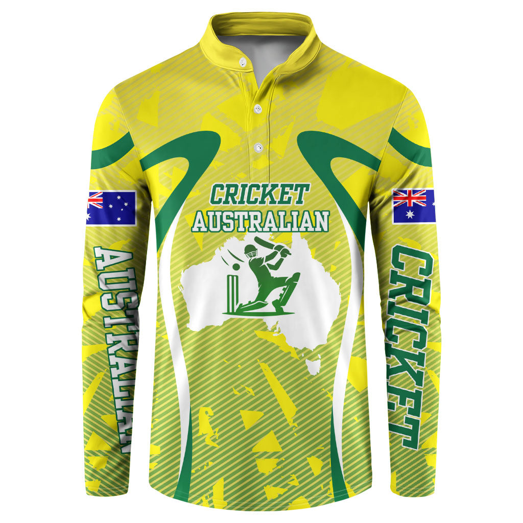Cricket Australian Button Sweatshirt Map Silhouette With Green And Gold Geometric Pattern