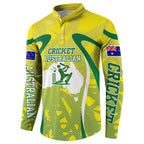 Cricket Australian Button Sweatshirt Map Silhouette With Green And Gold Geometric Pattern
