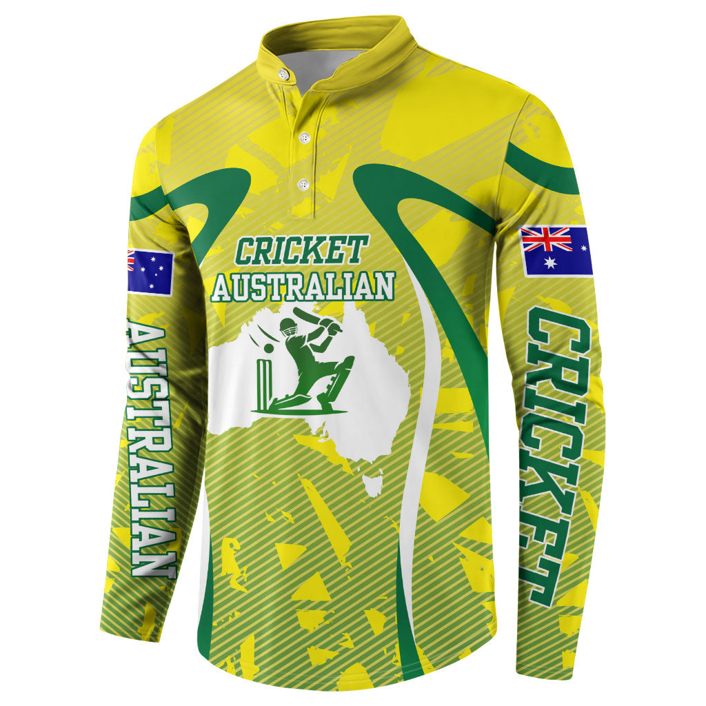 Cricket Australian Button Sweatshirt Map Silhouette With Green And Gold Geometric Pattern