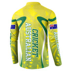 Cricket Australian Button Sweatshirt Map Silhouette With Green And Gold Geometric Pattern