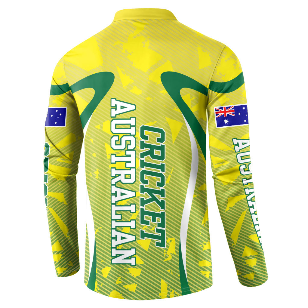 Cricket Australian Button Sweatshirt Map Silhouette With Green And Gold Geometric Pattern