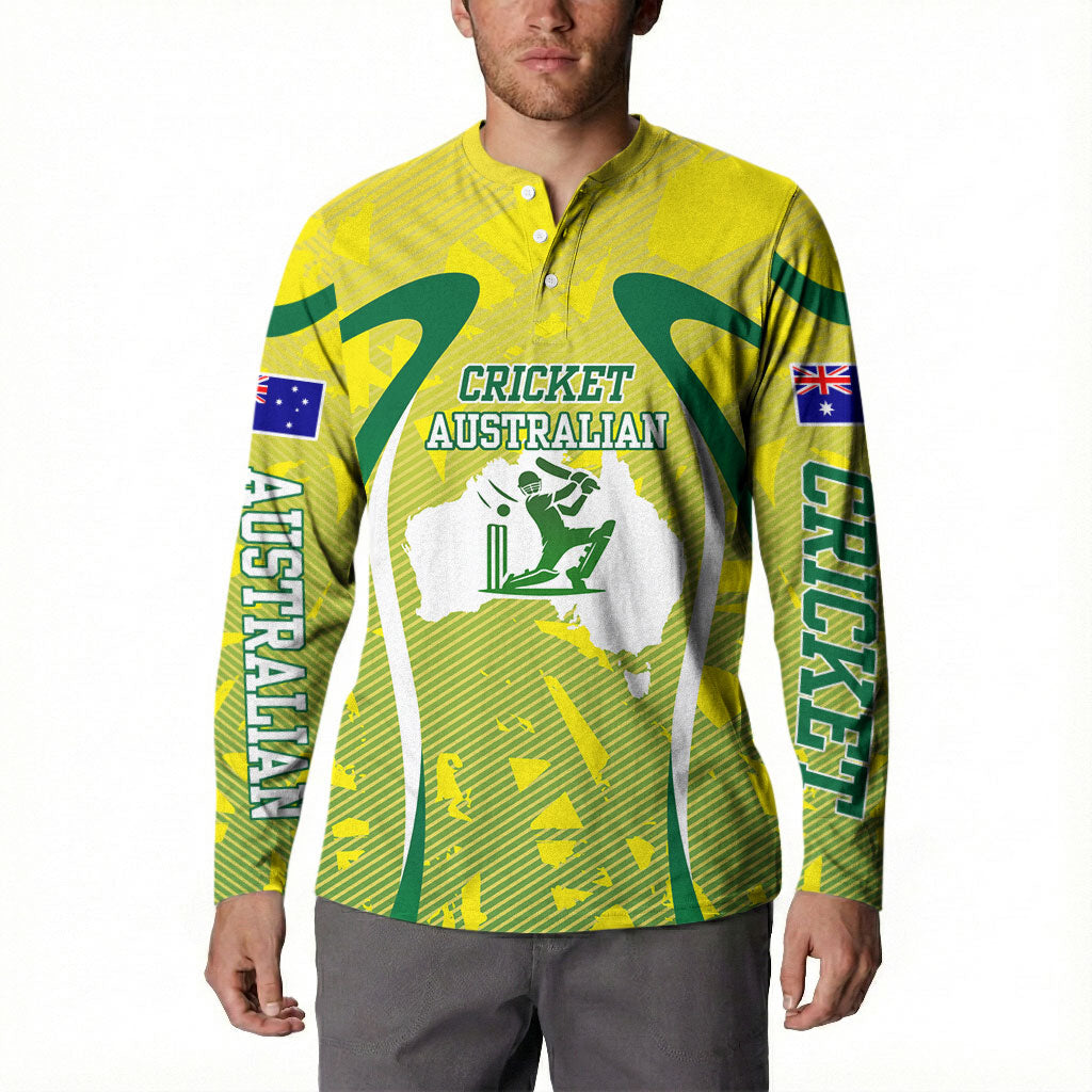 Cricket Australian Button Sweatshirt Map Silhouette With Green And Gold Geometric Pattern