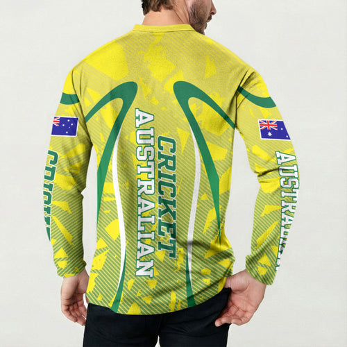 Cricket Australian Button Sweatshirt Map Silhouette With Green And Gold Geometric Pattern