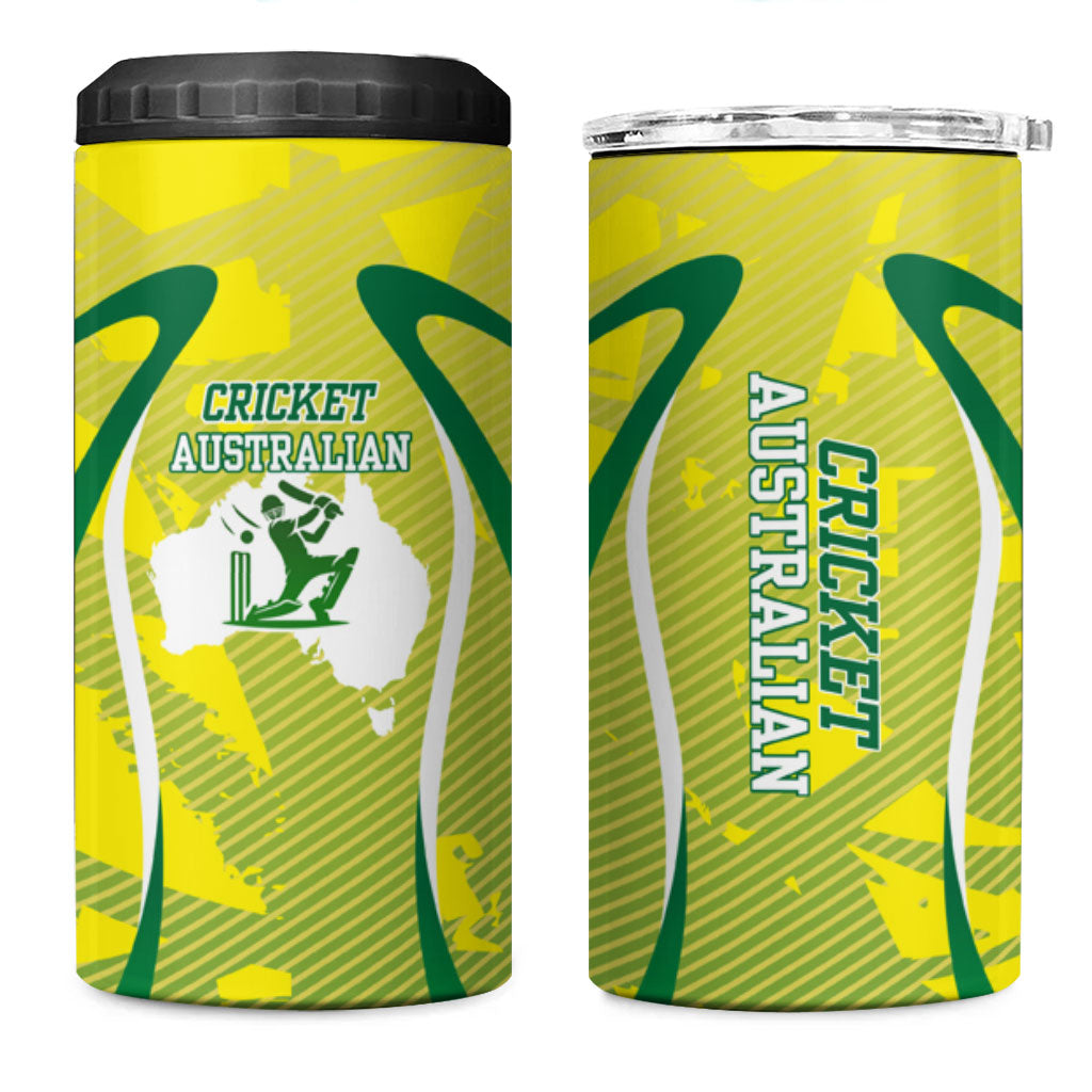 Cricket Australian 4 in 1 Can Cooler Tumbler Map Silhouette With Green And Gold Geometric Pattern