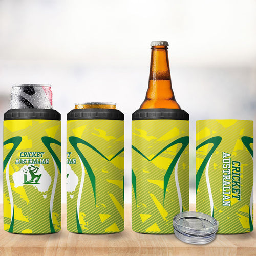 Cricket Australian 4 in 1 Can Cooler Tumbler Map Silhouette With Green And Gold Geometric Pattern