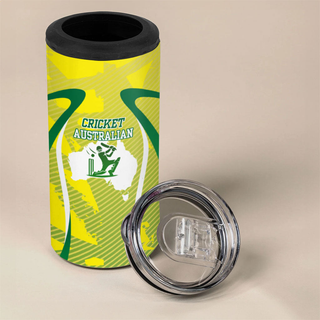 Cricket Australian 4 in 1 Can Cooler Tumbler Map Silhouette With Green And Gold Geometric Pattern