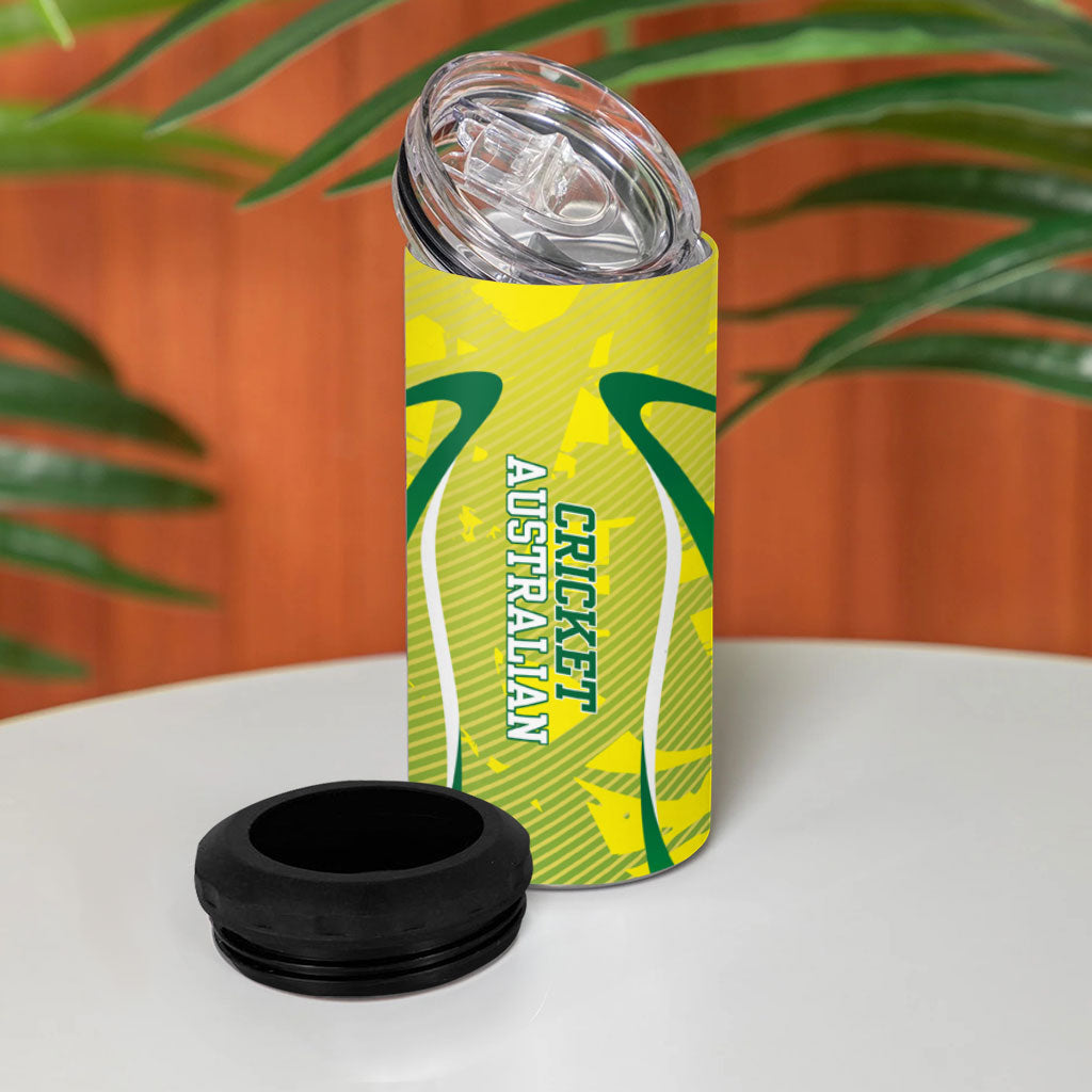 Cricket Australian 4 in 1 Can Cooler Tumbler Map Silhouette With Green And Gold Geometric Pattern