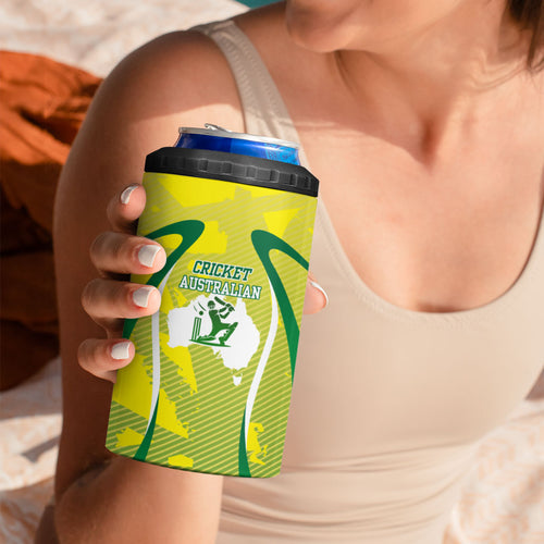 Cricket Australian 4 in 1 Can Cooler Tumbler Map Silhouette With Green And Gold Geometric Pattern