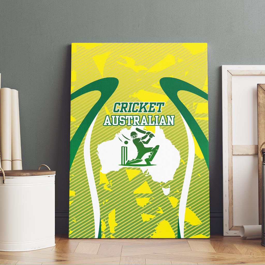 Cricket Australian Canvas Wall Art Map Silhouette With Green And Gold Geometric Pattern