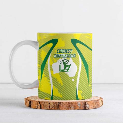 Cricket Australian Ceramic Mug Map Silhouette With Green And Gold Geometric Pattern