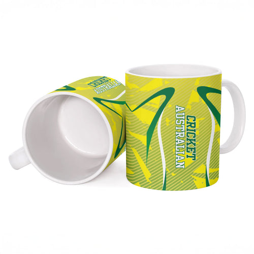 Cricket Australian Ceramic Mug Map Silhouette With Green And Gold Geometric Pattern