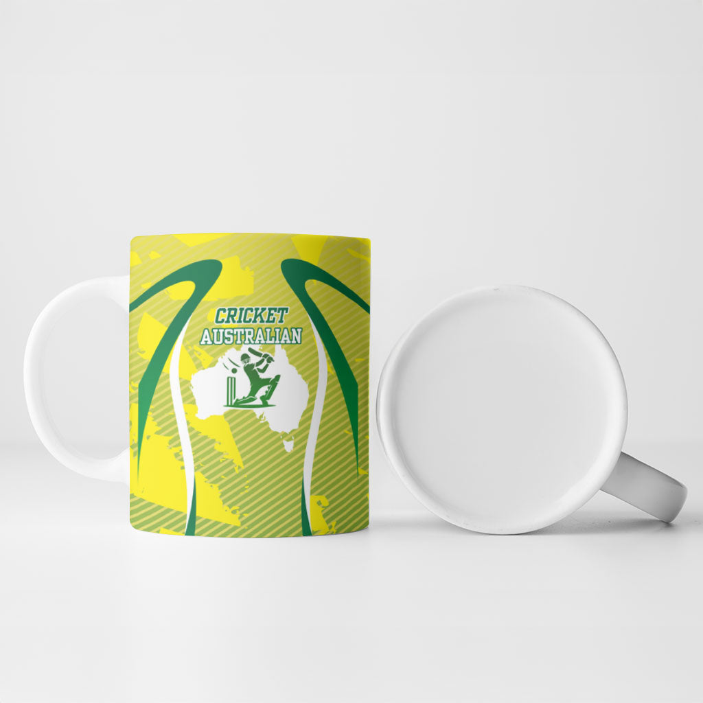 Cricket Australian Ceramic Mug Map Silhouette With Green And Gold Geometric Pattern