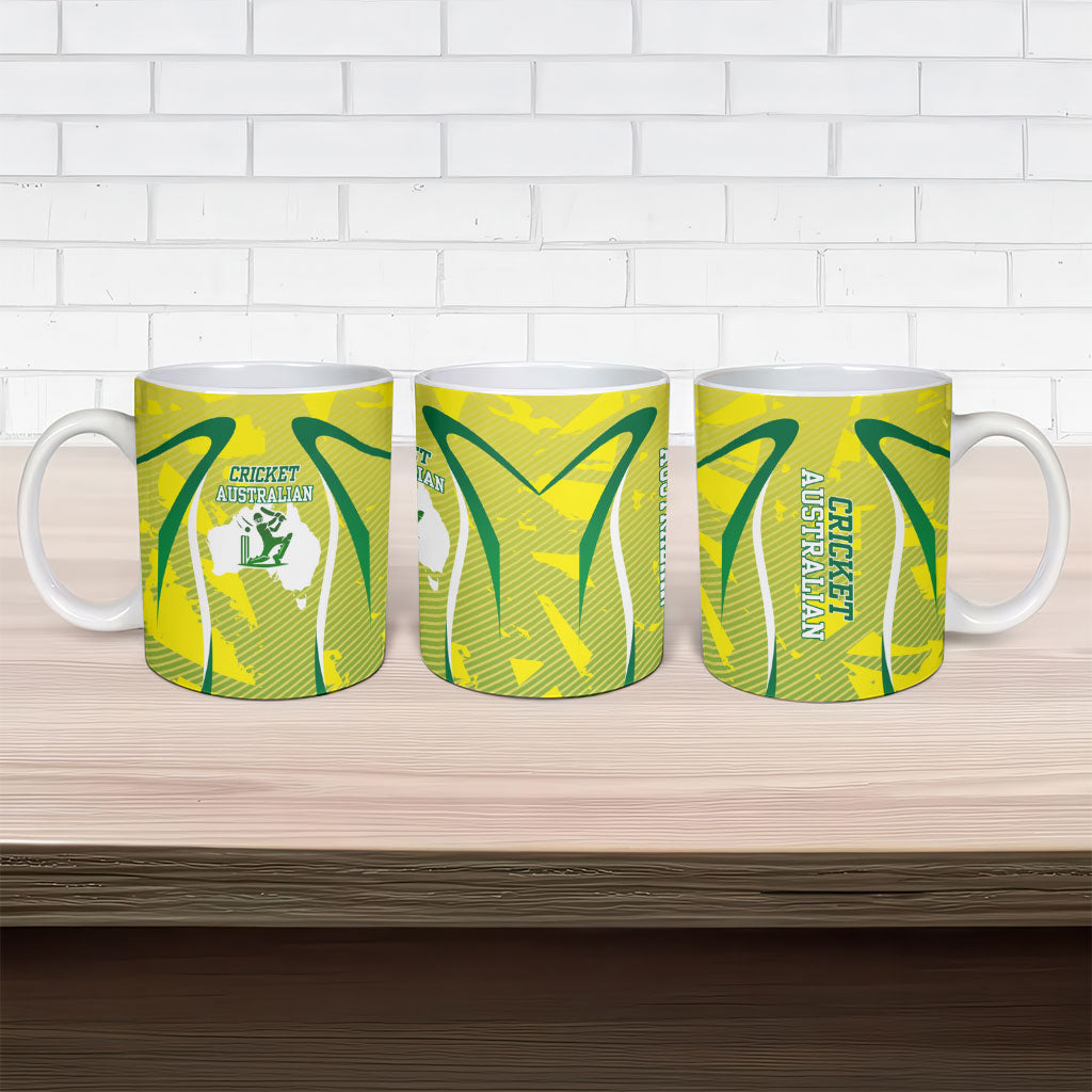 Cricket Australian Ceramic Mug Map Silhouette With Green And Gold Geometric Pattern