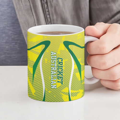 Cricket Australian Ceramic Mug Map Silhouette With Green And Gold Geometric Pattern