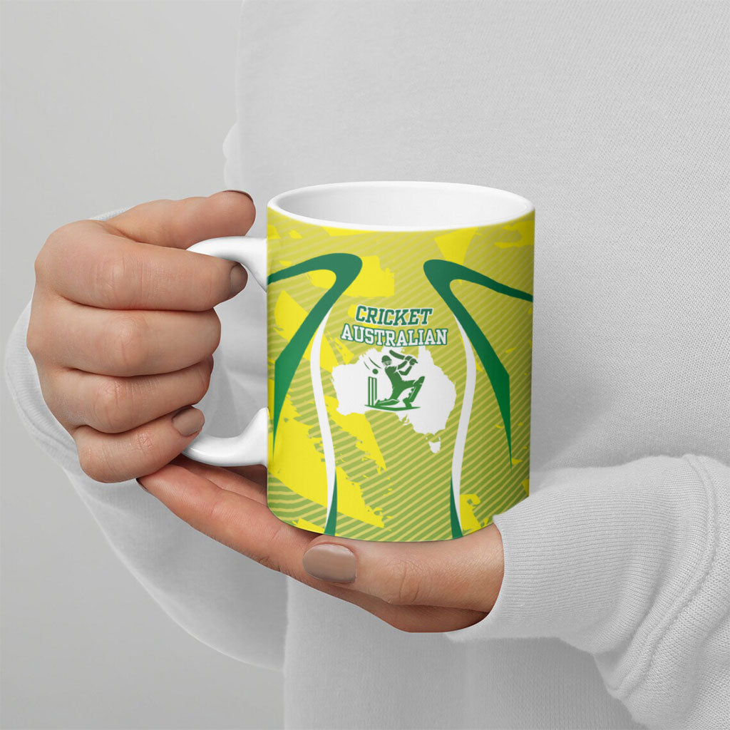 Cricket Australian Ceramic Mug Map Silhouette With Green And Gold Geometric Pattern