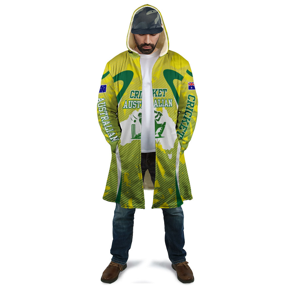 Cricket Australian Cloak Map Silhouette With Green And Gold Geometric Pattern