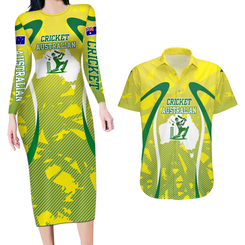 Cricket Australian Couples Matching Long Sleeve Bodycon Dress and Hawaiian Shirt Map Silhouette With Green And Gold Geometric Pattern