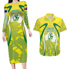 Cricket Australian Couples Matching Long Sleeve Bodycon Dress and Hawaiian Shirt Map Silhouette With Green And Gold Geometric Pattern
