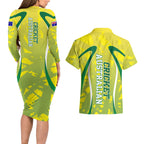 Cricket Australian Couples Matching Long Sleeve Bodycon Dress and Hawaiian Shirt Map Silhouette With Green And Gold Geometric Pattern