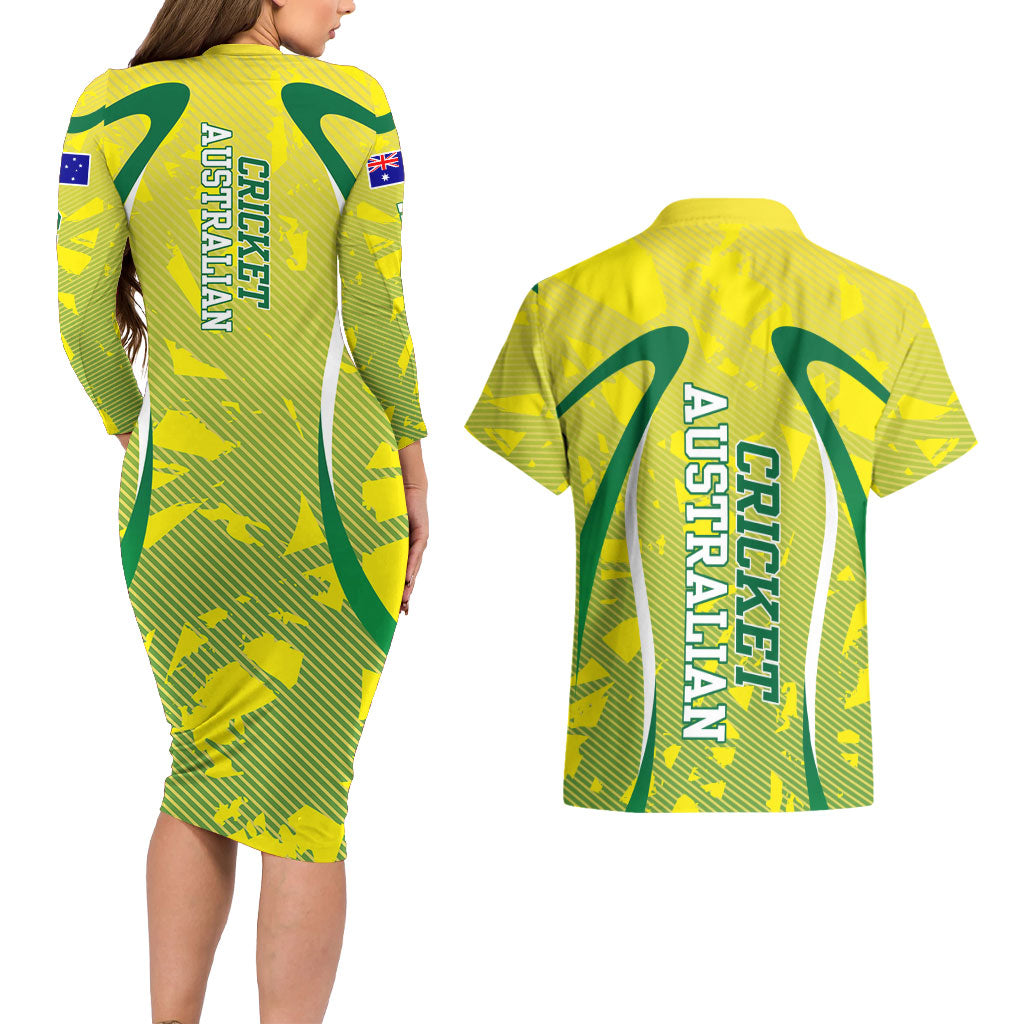 Cricket Australian Couples Matching Long Sleeve Bodycon Dress and Hawaiian Shirt Map Silhouette With Green And Gold Geometric Pattern