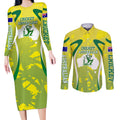 Cricket Australian Couples Matching Long Sleeve Bodycon Dress and Long Sleeve Button Shirt Map Silhouette With Green And Gold Geometric Pattern