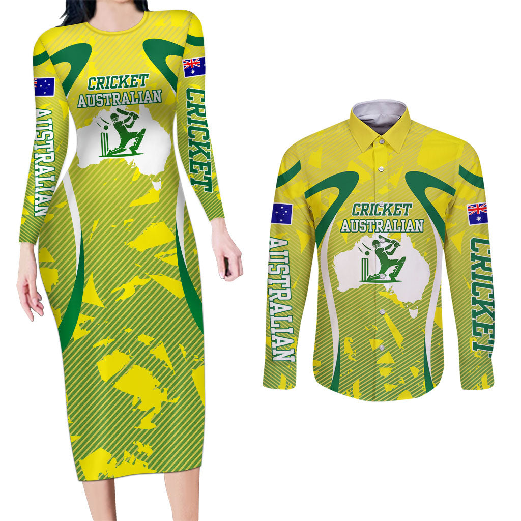 Cricket Australian Couples Matching Long Sleeve Bodycon Dress and Long Sleeve Button Shirt Map Silhouette With Green And Gold Geometric Pattern
