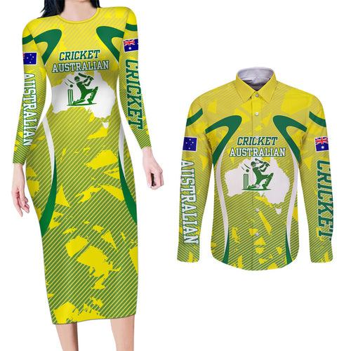 Cricket Australian Couples Matching Long Sleeve Bodycon Dress and Long Sleeve Button Shirt Map Silhouette With Green And Gold Geometric Pattern